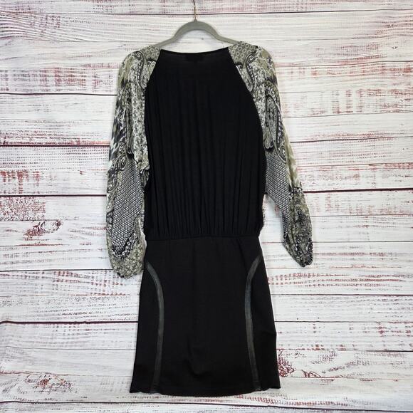 Hale Bob Paisley Mixed Media Mini Dress S Blouson Top Bodycon Skirt Puff Sleeve - Picture 2 of 13